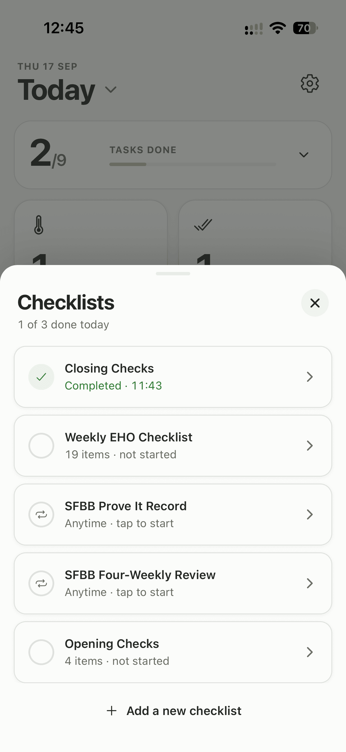 Lemon's checklist menu showing opening checks, closing checks and recurring kitchen checks.