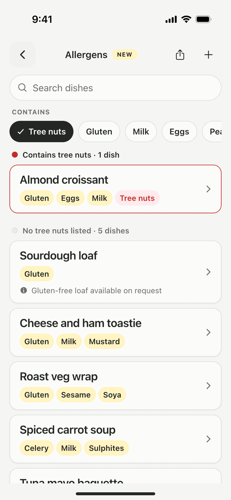 The Allergens screen filtered by tree nuts, listing dishes with their allergen tags