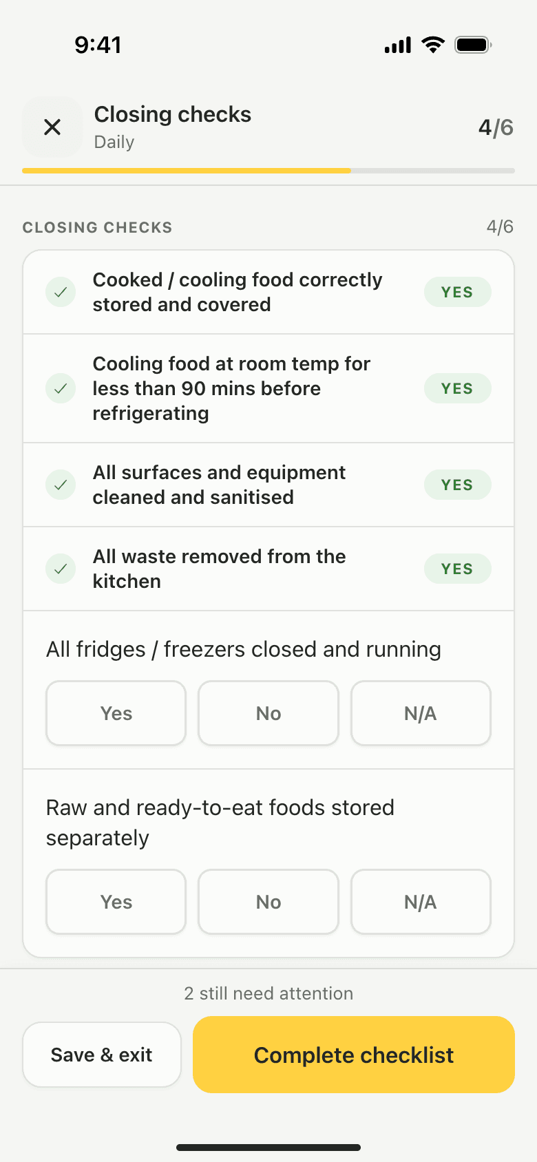 The Closing checks checklist, four of six items done