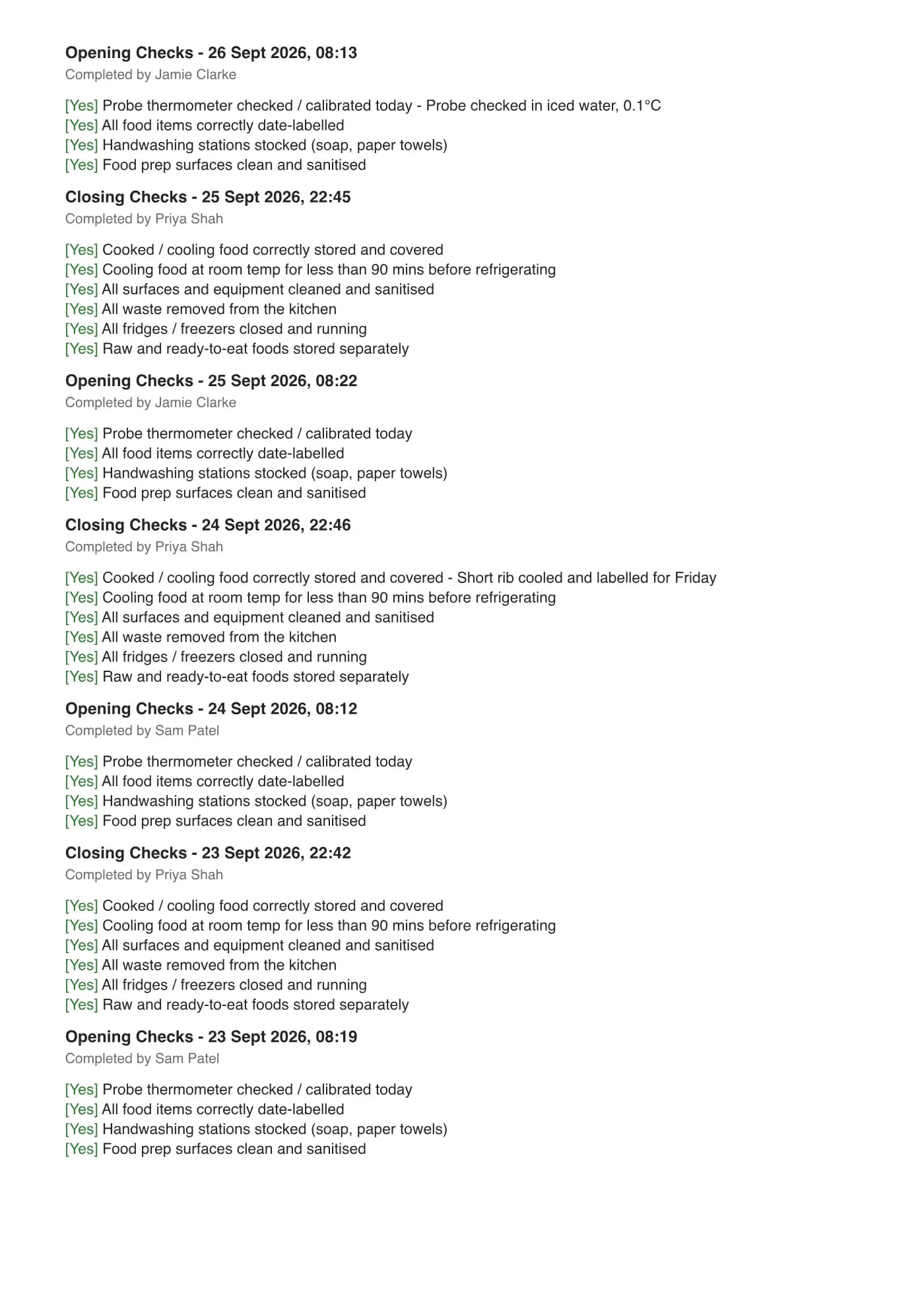 A checklist page of Lemon's PDF report: each completed run with its answers, notes and who completed it.