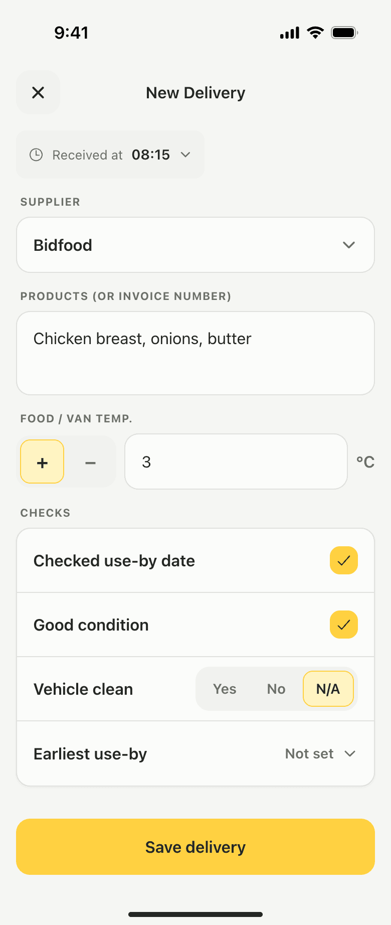 The New Delivery screen: supplier, products, van temperature 3°C, and ticks for use-by date and condition