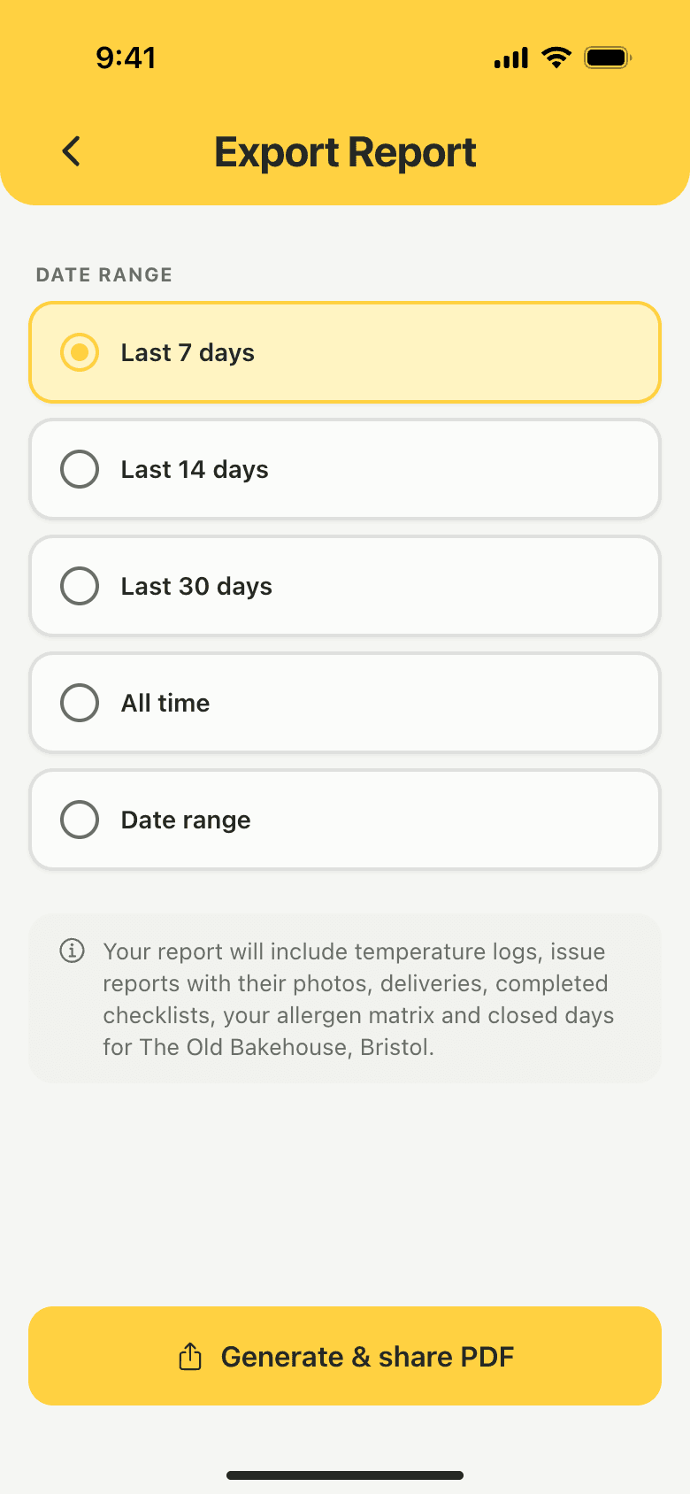 The Export Report screen: choose last 7, 14 or 30 days, all time or a date range, then Generate and share PDF
