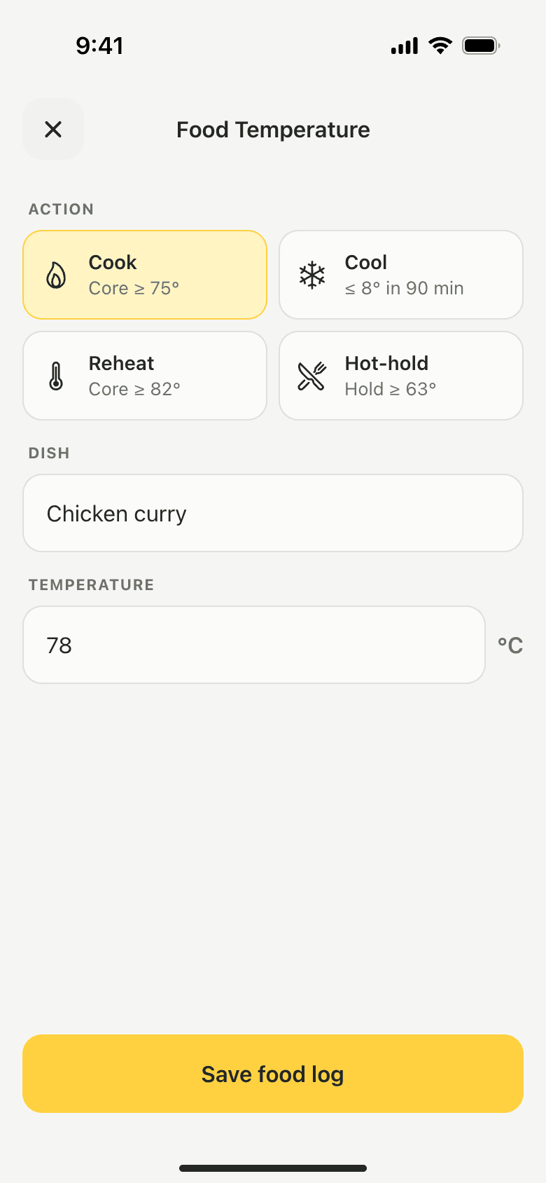 The Food Temperature screen with Cook selected, the dish Chicken curry and a reading of 78°C