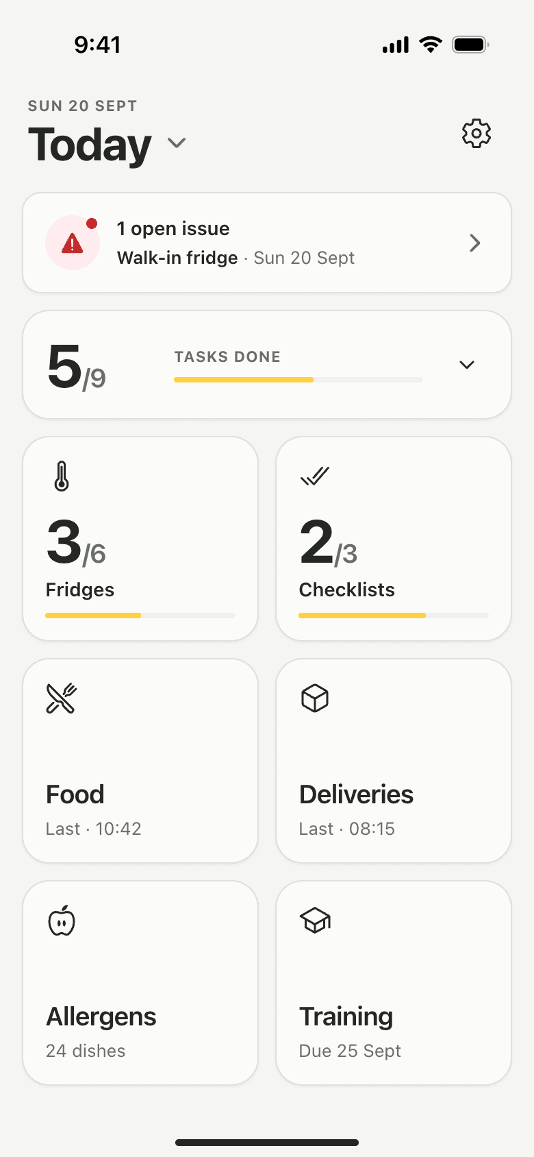 Lemon's Today screen with one open issue on the walk-in fridge at the top.