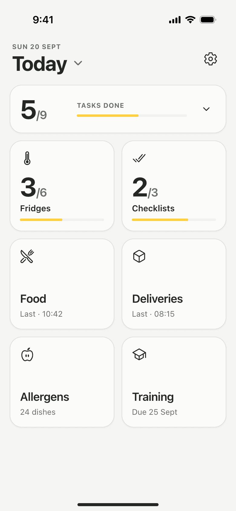 The Today screen in Lemon: 5 of 9 tasks done, with tiles for fridges, checklists, food, deliveries, allergens and training