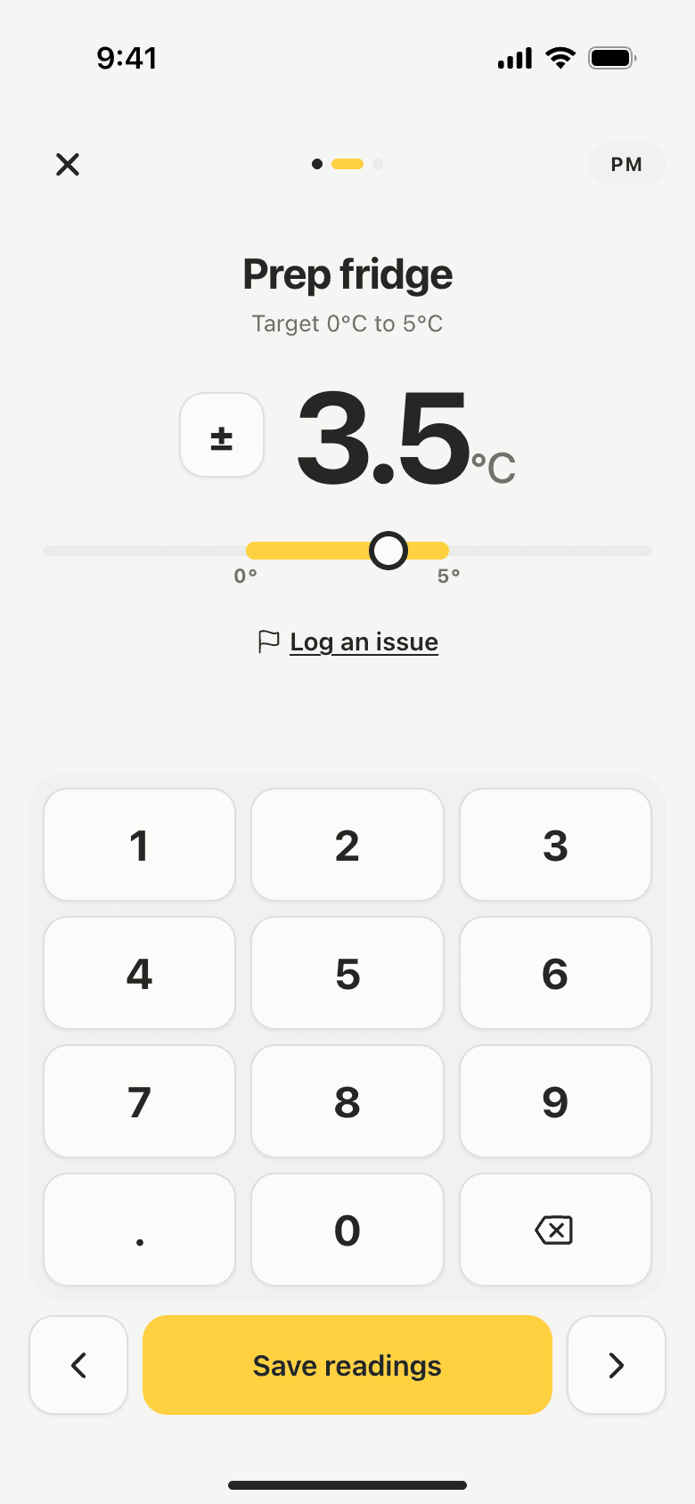 Recording a prep fridge at 3.5°C on Lemon's number pad.