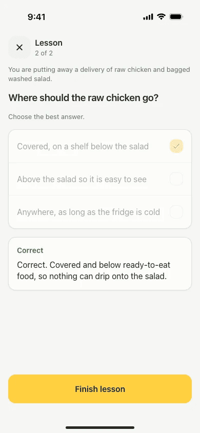 A food hygiene course lesson in the Lemon app.