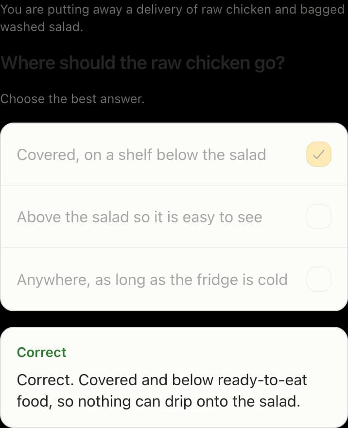 A food hygiene practice question about storing raw chicken, with an explanation of the correct answer.