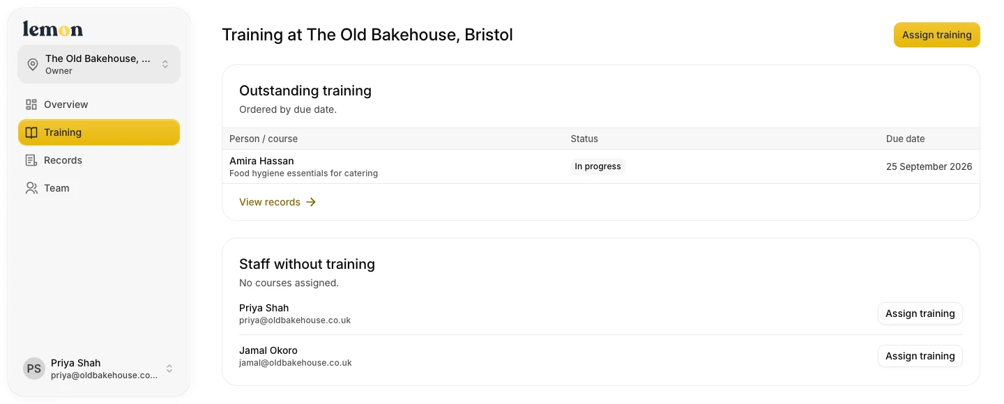 The Lemon admin portal showing outstanding training, completion dates and staff who still need a course assigned.