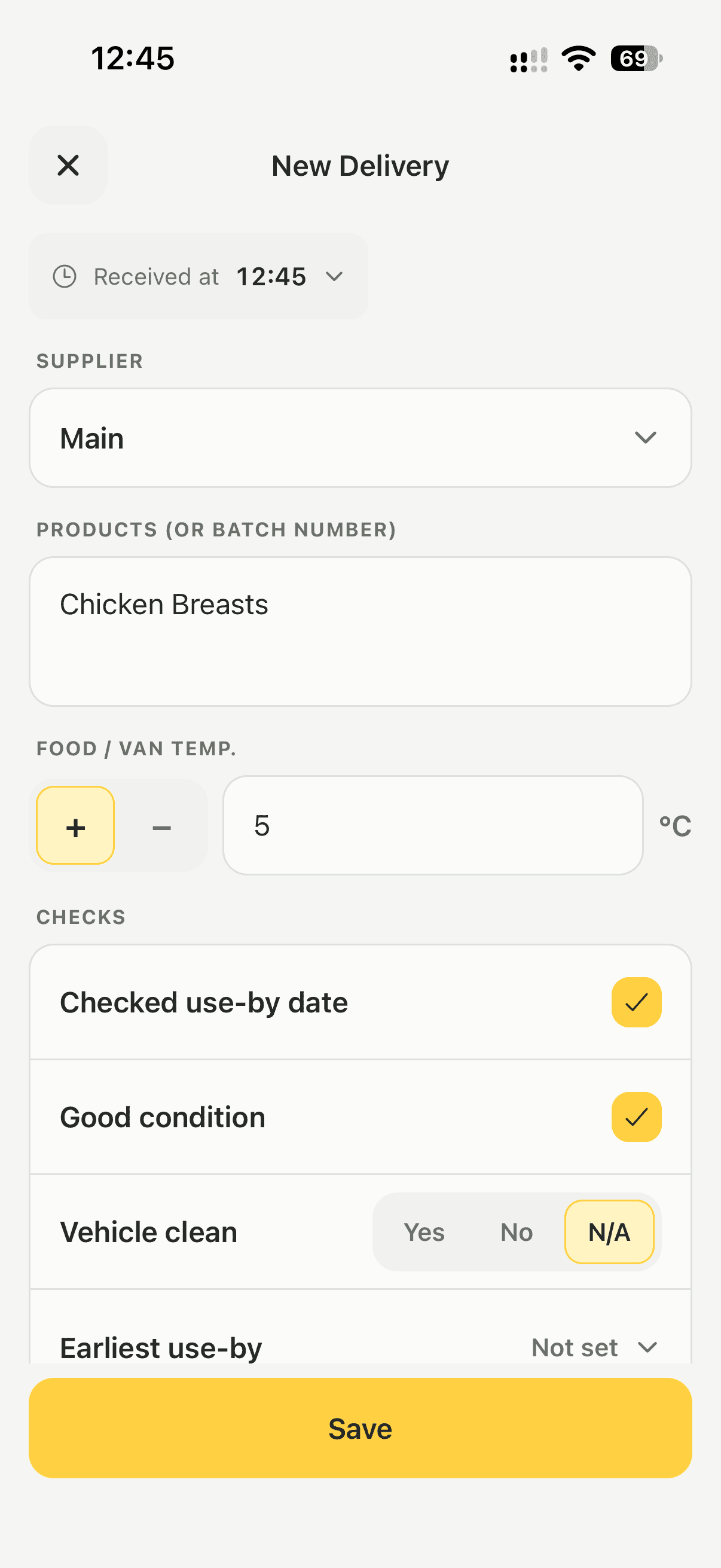 Logging an incoming delivery in Lemon, with the time received, the supplier, the products, the food or van temperature and the delivery checks.