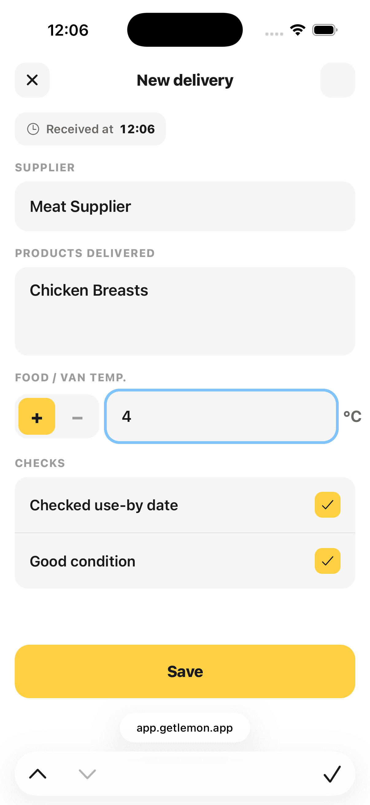 Logging an incoming delivery in Lemon, with supplier, temperature, and condition fields.