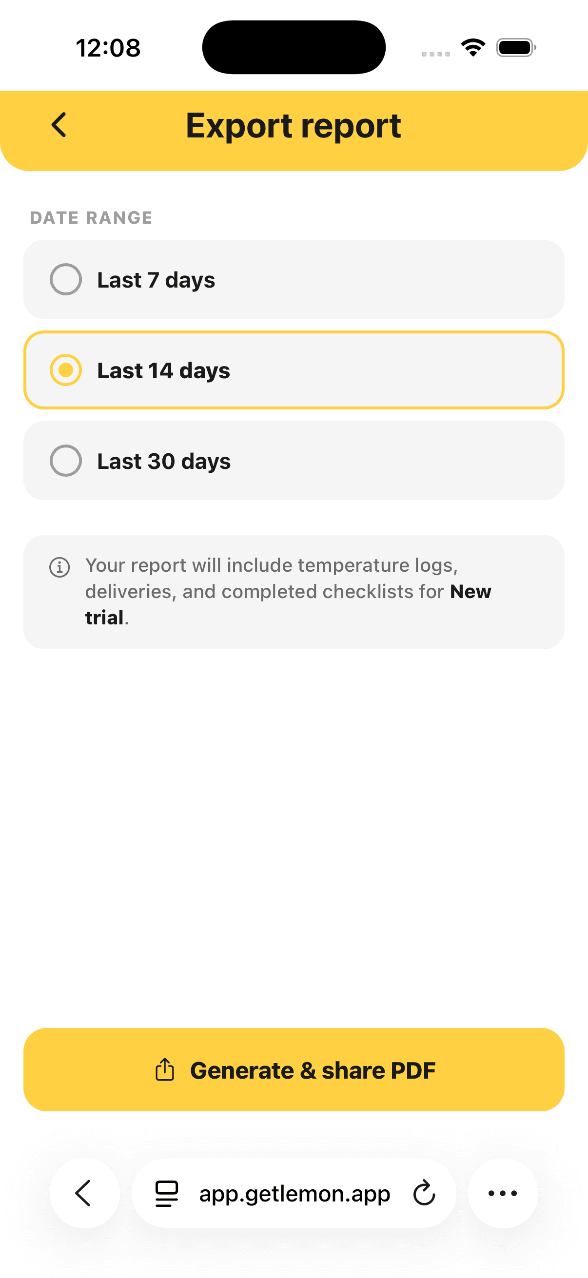Lemon's Export report screen showing date-range options and the Generate and share PDF button.