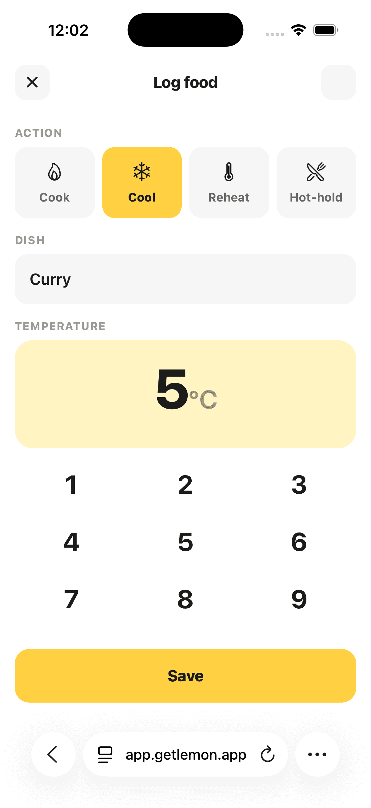 Logging a food check in Lemon, picking the action and entering a probe reading.