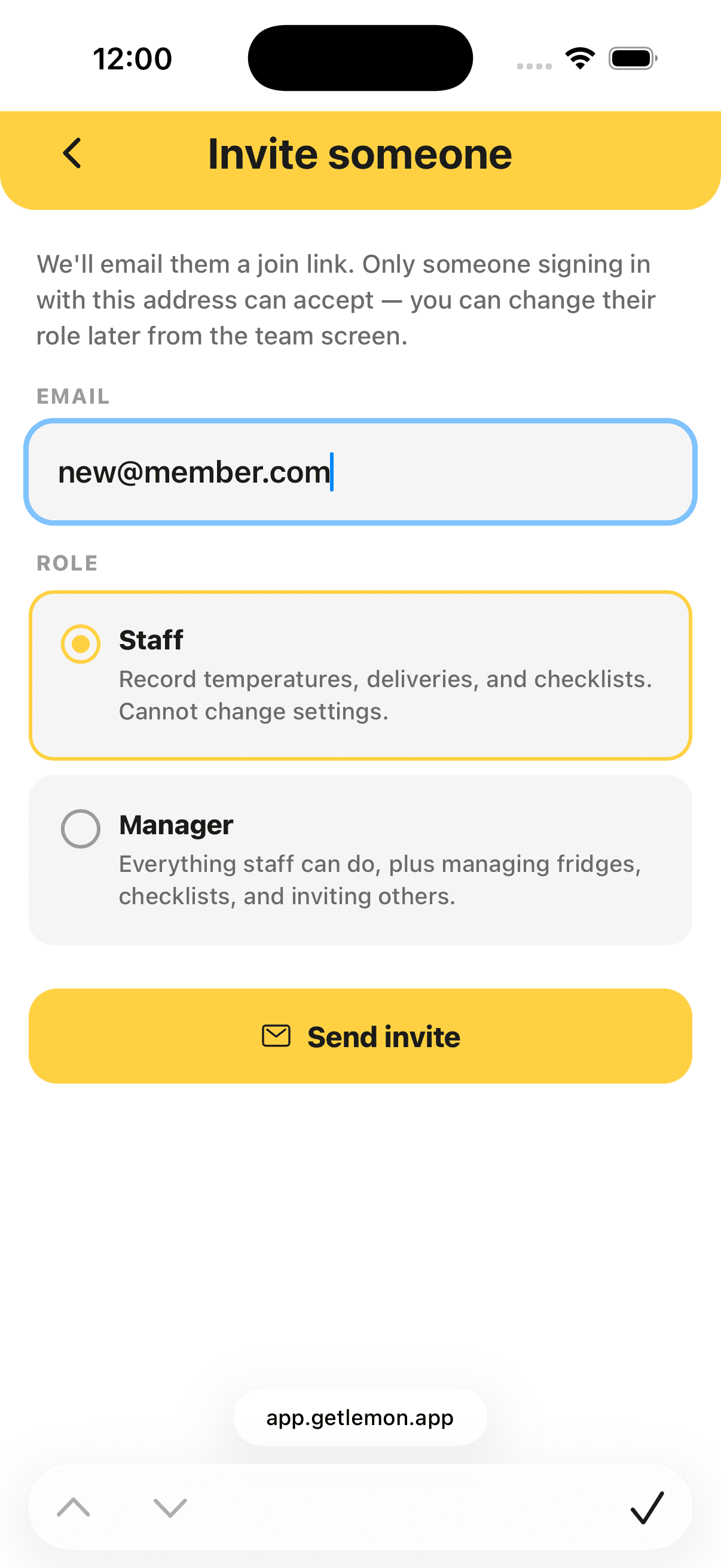 The team invite screen, with an email field and a role picker.