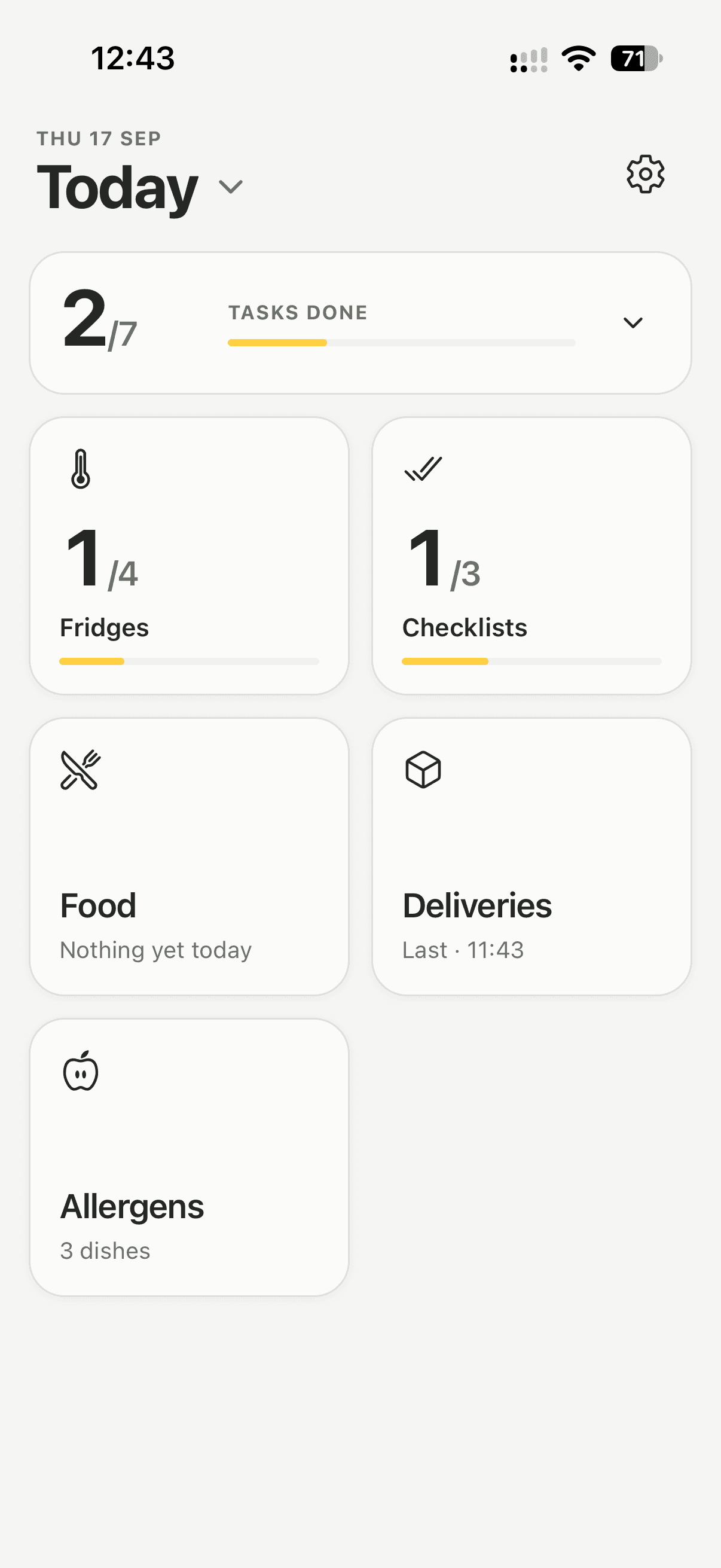 The Lemon home screen, showing the day's fridge, checklist, food and delivery tasks at a glance