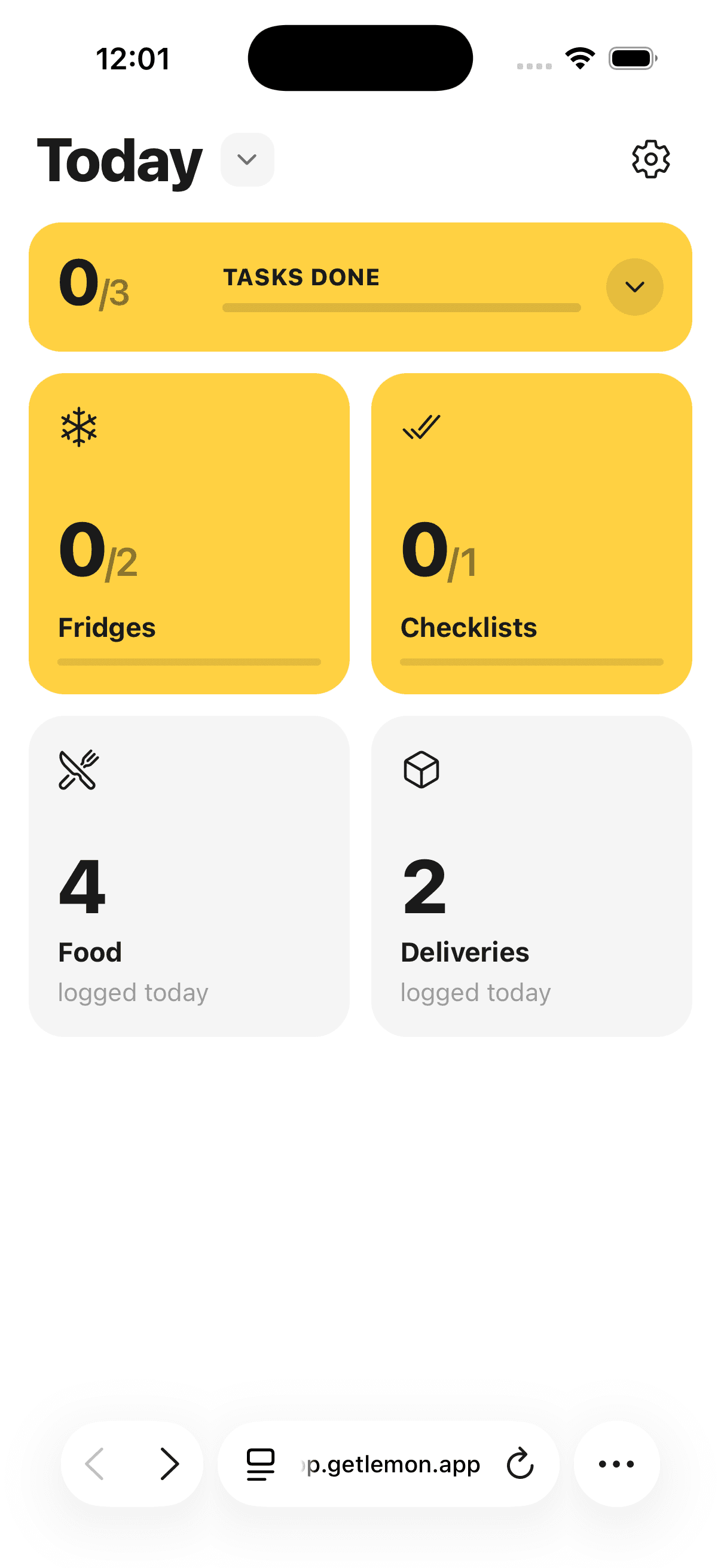 The Lemon home screen, showing the day's fridge, checklist, food and delivery tasks at a glance