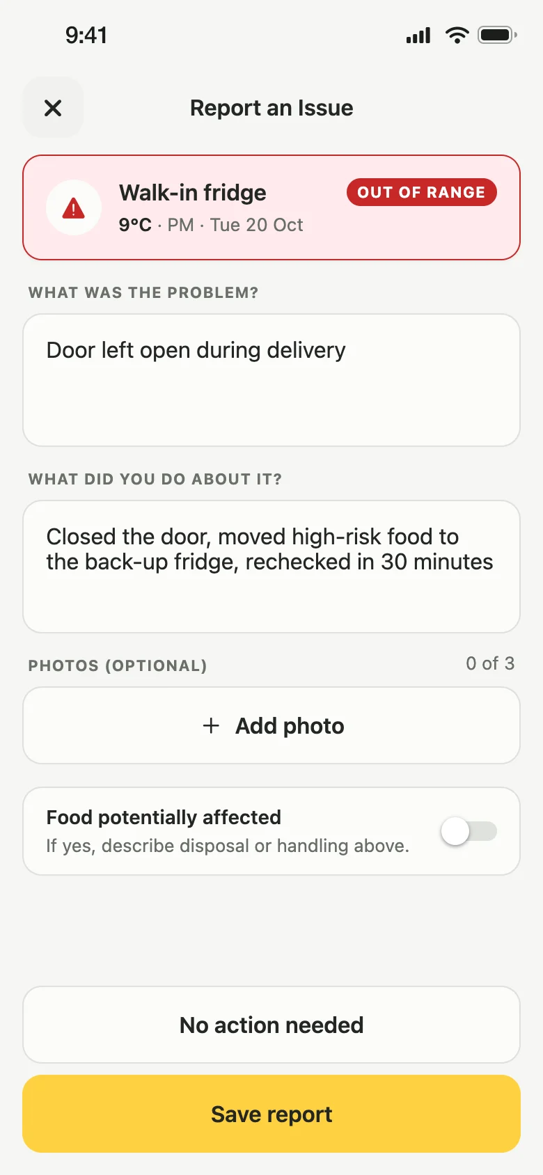 Report an Issue in the Lemon app for a walk-in fridge reading of 9°C, with what went wrong, what was done about it and an Add photo button.