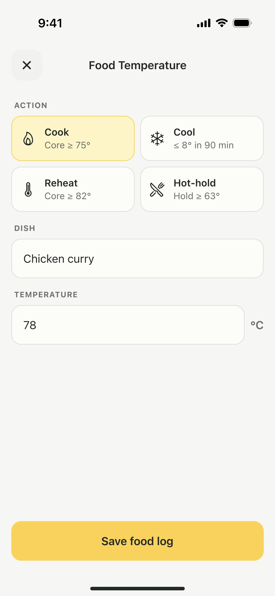 Logging a food check in Lemon: Cook, Cool, Reheat and Hot-hold buttons, each with its target, fields for the dish and the probe reading, and a Save food log button.