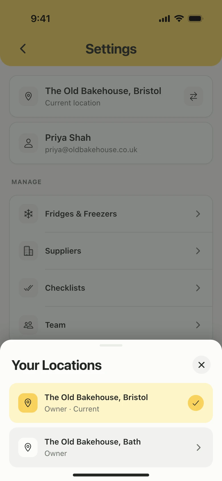 Lemon's location switcher showing separate kitchens within one account