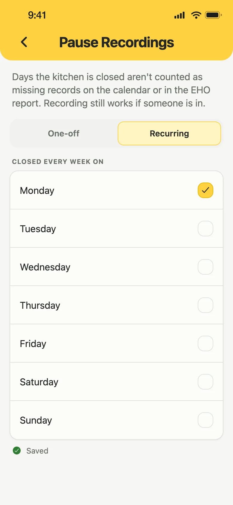 Pause Recordings in the Lemon app: Recurring and One-off tabs, with the kitchen marked as closed every Monday.