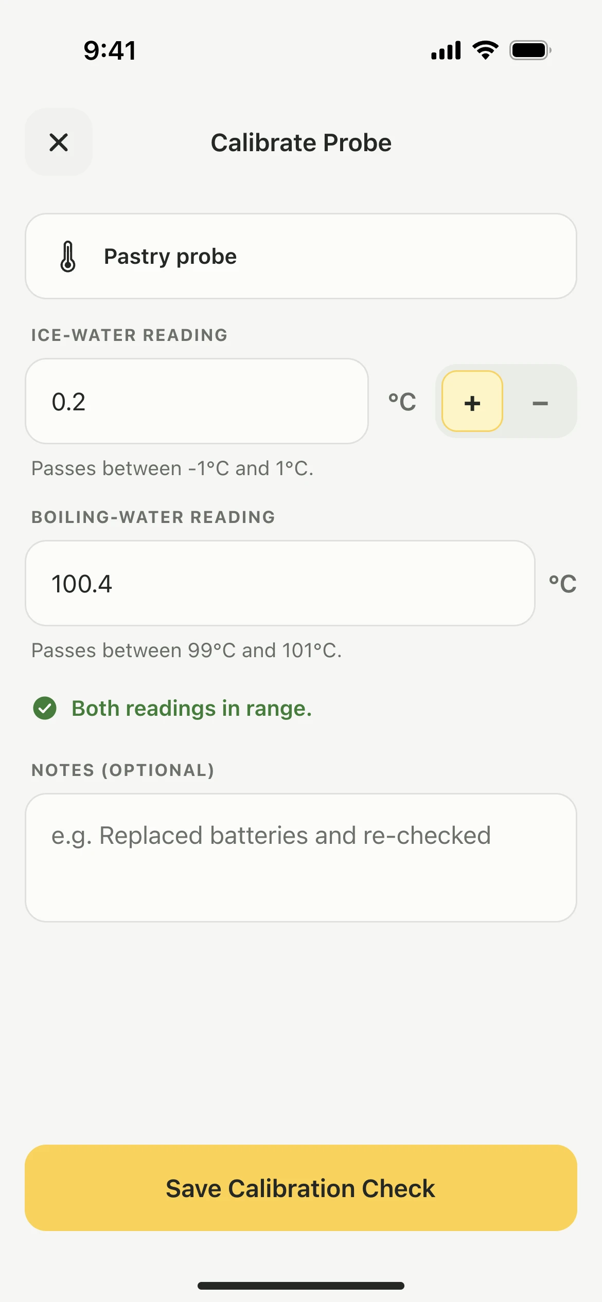 The Calibrate Probe screen in Lemon: an ice-water reading and a boiling-water reading, each with its pass range, a line saying both readings are in range, a notes field and a Save Calibration Check button.