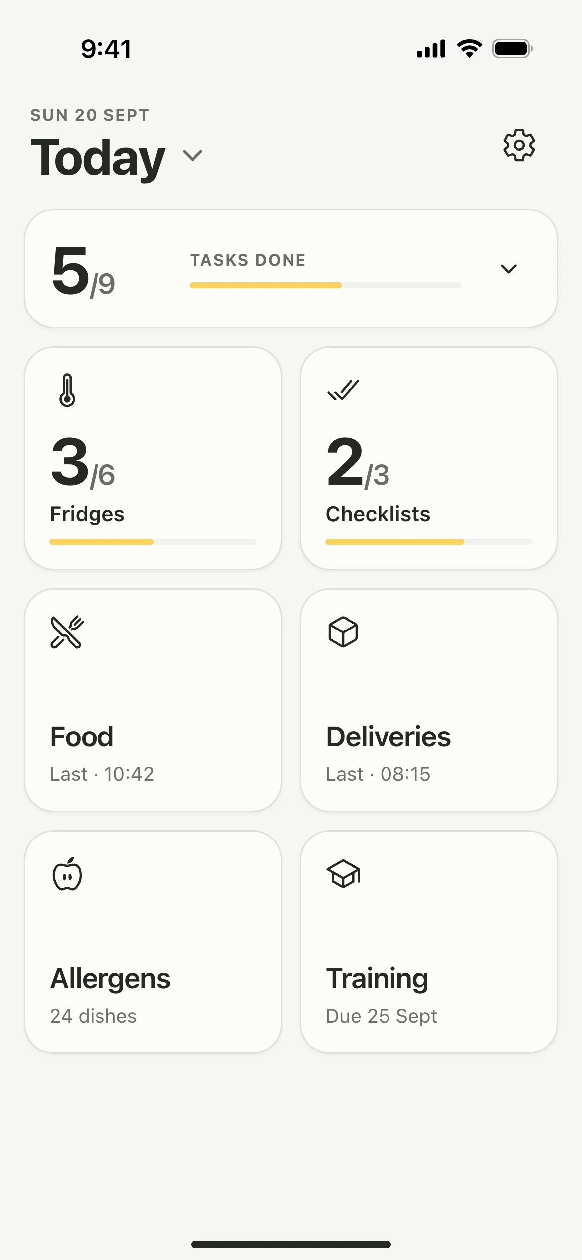 The Today screen: the date and Today with an arrow beside it, the settings gear, a Tasks done counter, and tiles for Fridges, Checklists, Food, Deliveries, Allergens and Training.