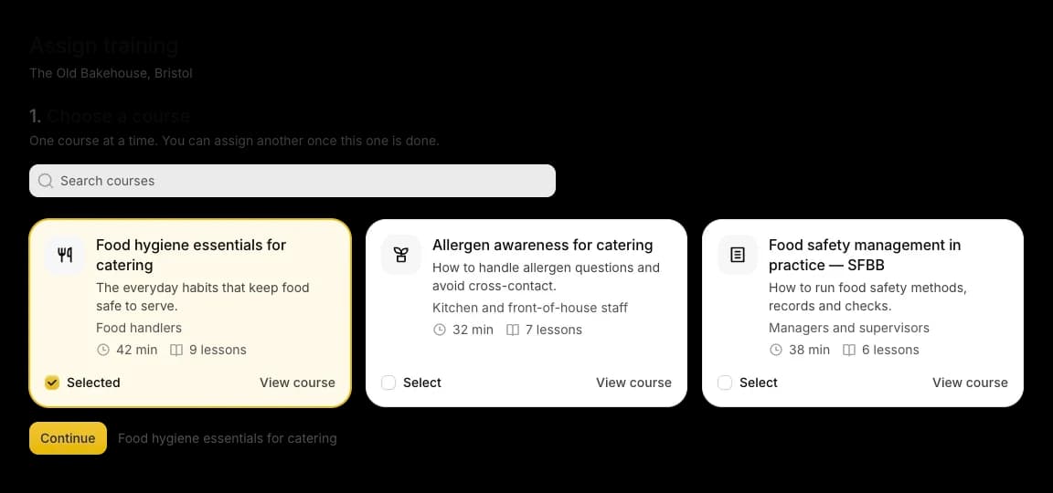 Step one of assigning training in the Lemon web admin: three course cards, with Food hygiene essentials for catering selected, and a Continue button.
