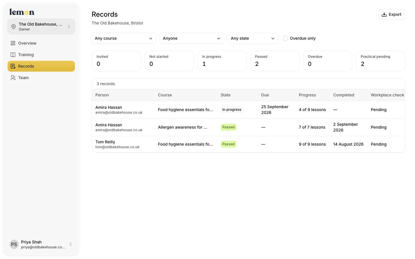 Lemon training records showing staff, assigned courses, progress, completion dates and workplace checks.