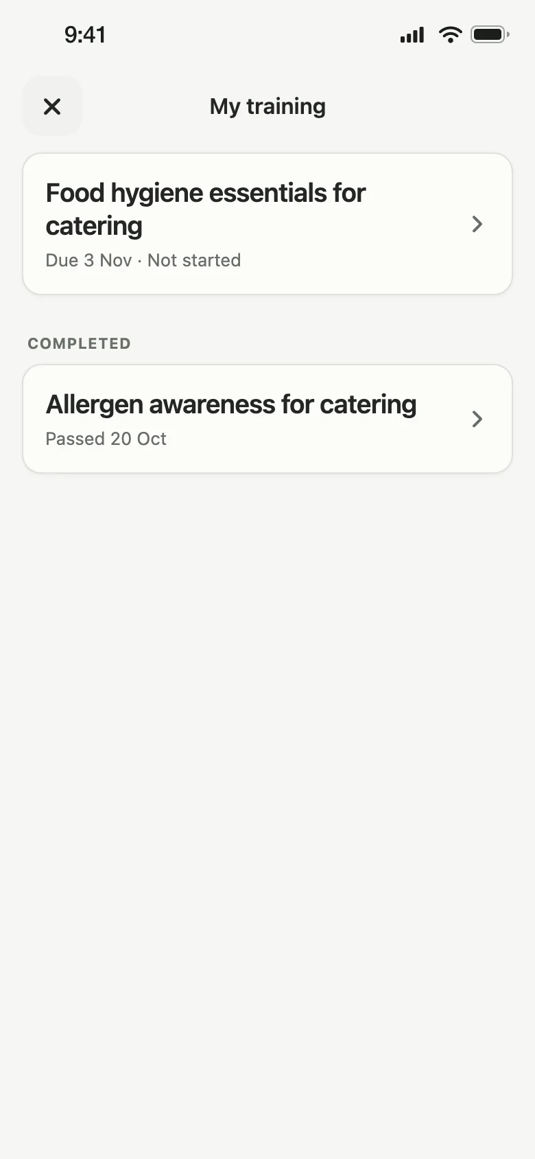My training in the Lemon app: a food hygiene course due on 25 September with a Continue button, and a completed allergen awareness course marked Passed.