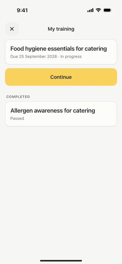 A staff member's Lemon app with their current food hygiene course and completed allergen training.
