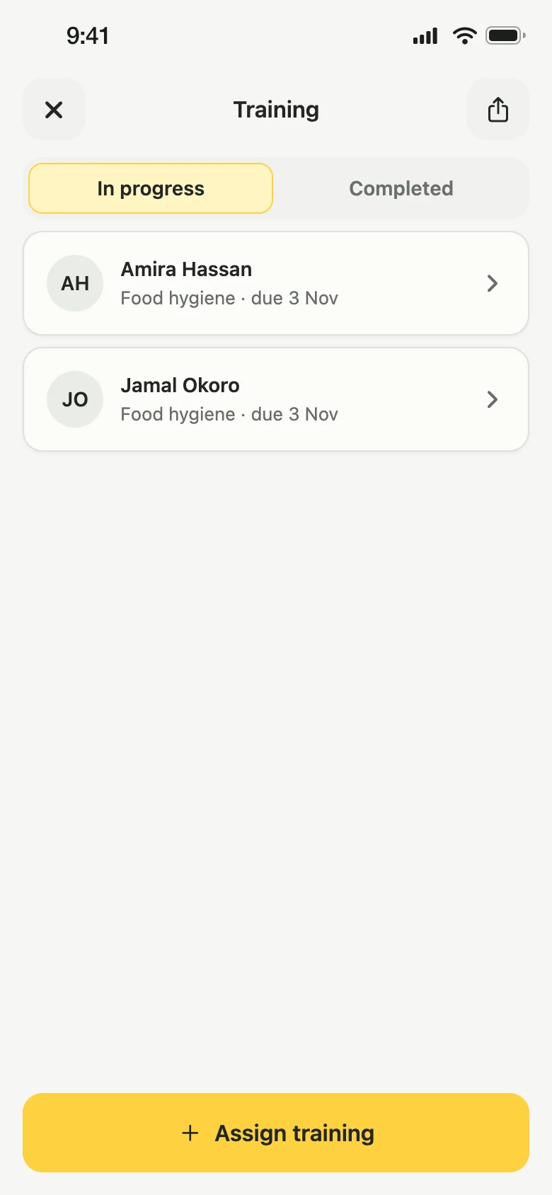 Training in the Lemon app for an owner: an In progress and Completed switch, two people each with a food hygiene course due on 3 November, and an Assign training button.